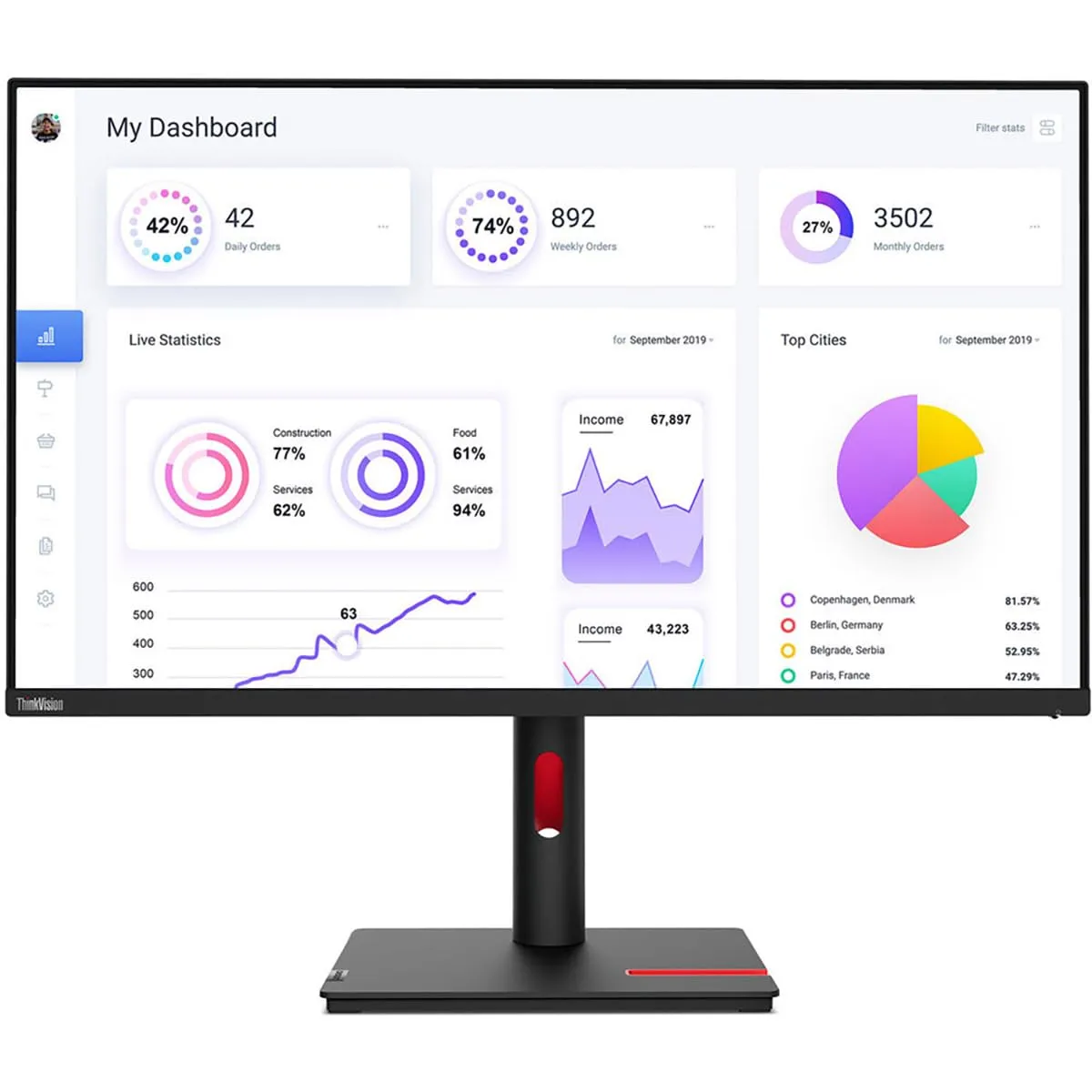 Lenovo ThinkVision T22i-30 21.5 Full HD WLED LCD Monitor - 16:9 - Raven Black