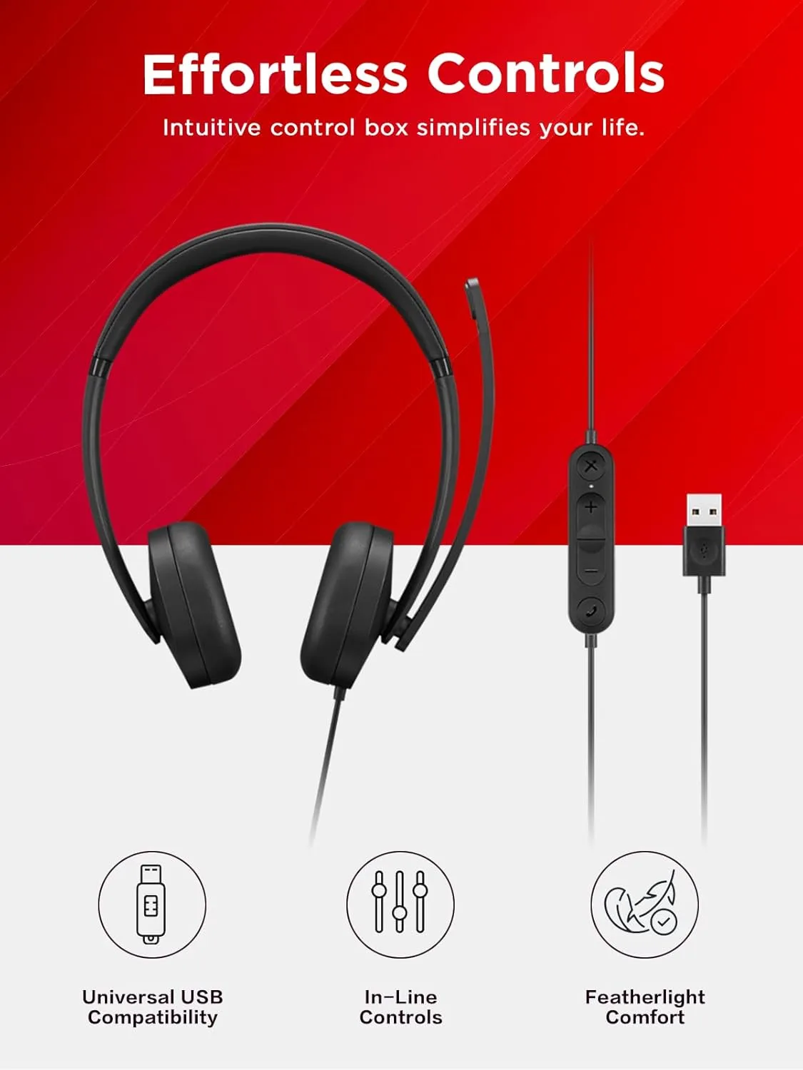 Lenovo Wired USB Headset for PC/Laptop, Lightweight 140g