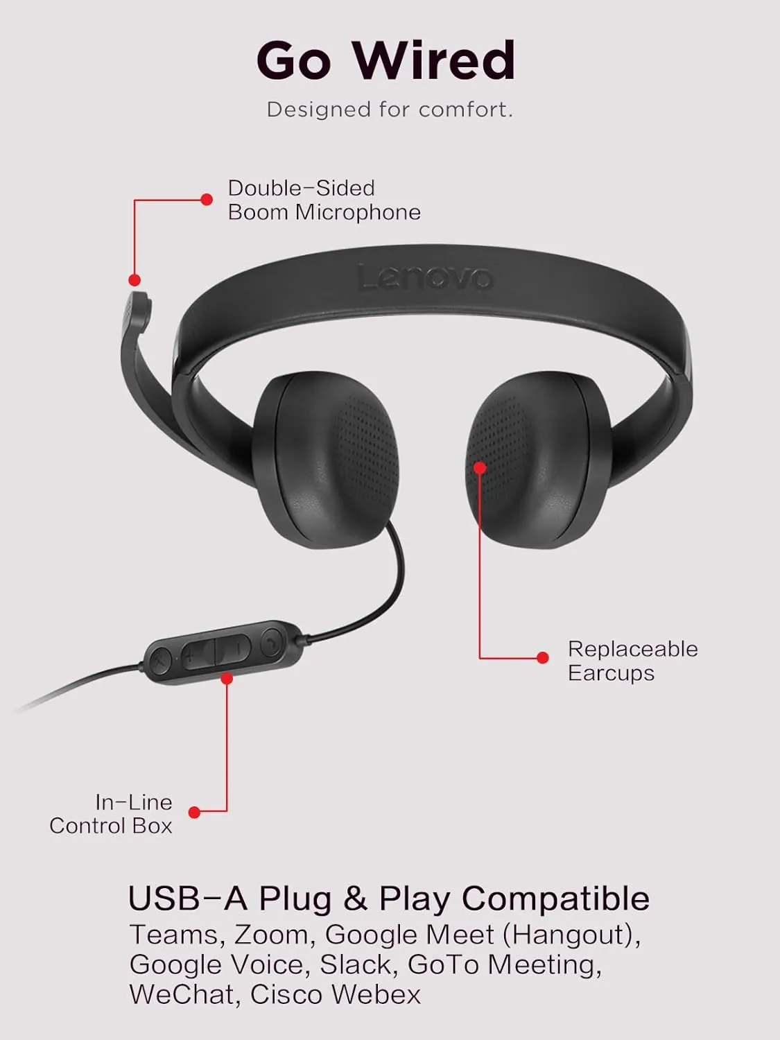 Lenovo Wired USB Headset for PC/Laptop, Lightweight 140g