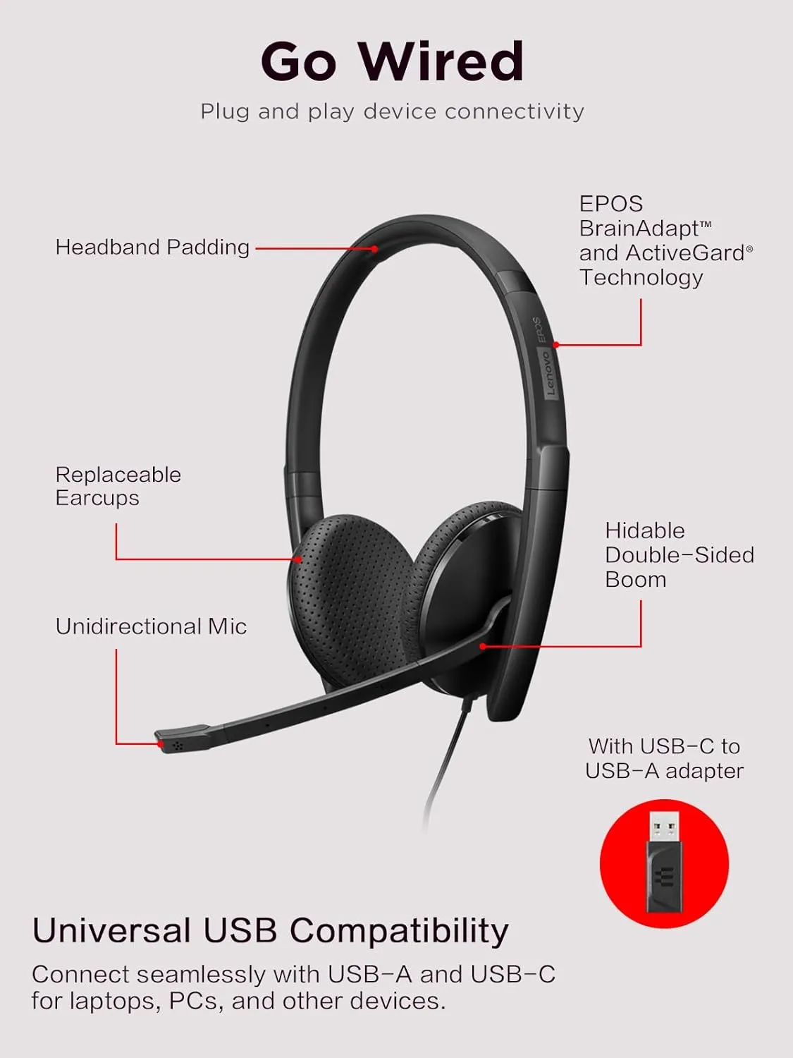 Lenovo Wired USB Headset for PC/Laptop, Lightweight 140g