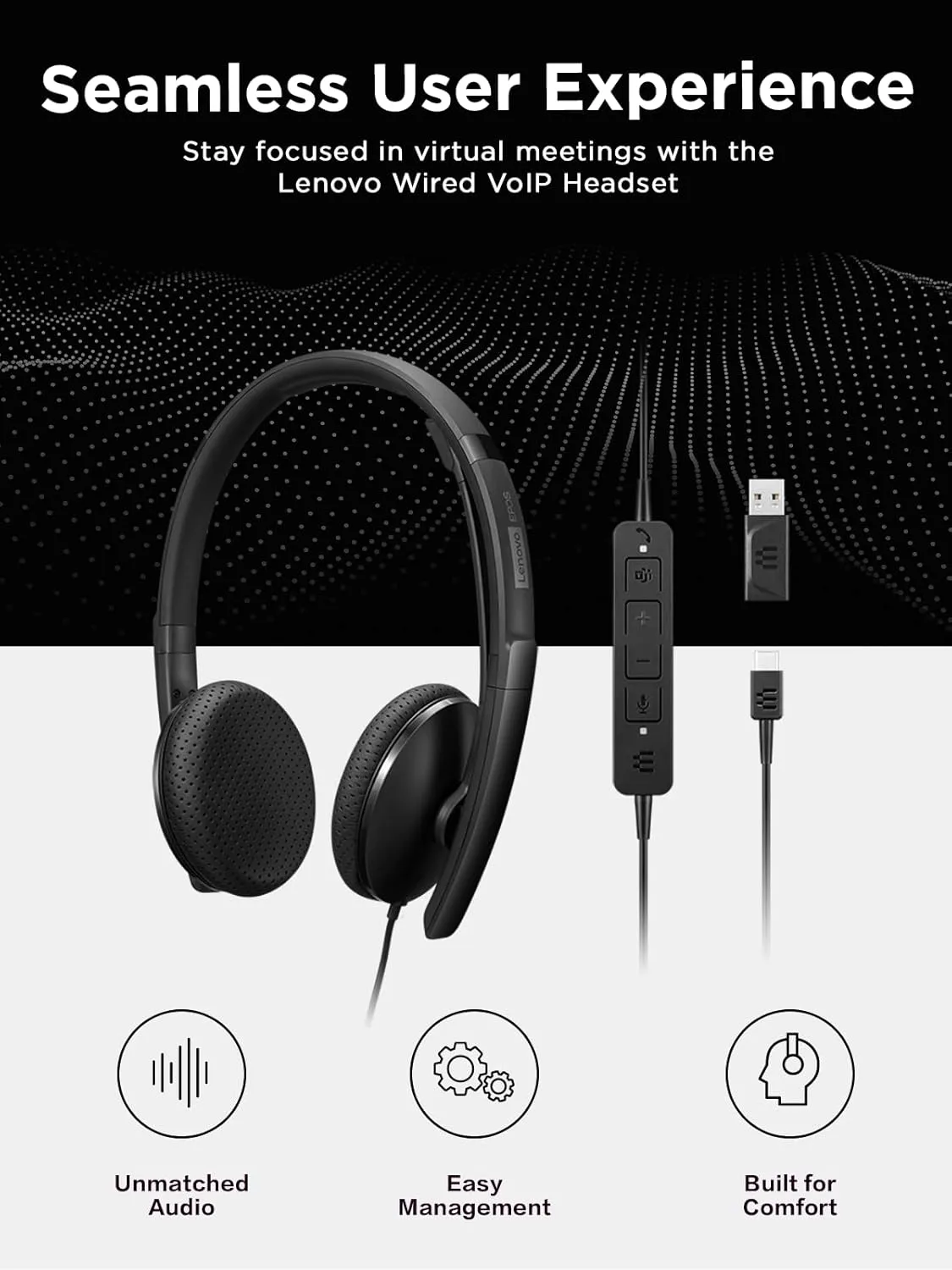 Lenovo Wired USB Headset for PC/Laptop, Lightweight 140g