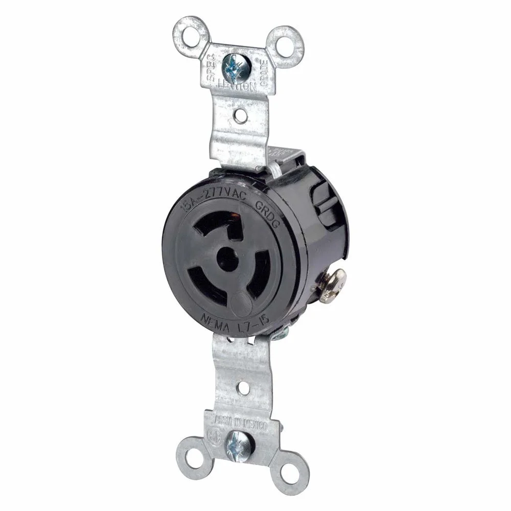 Leviton 15 Amp, 277 Volt, NEMA L7-15R, 2P, 3W, Single Locking Receptacle, Industrial Grade, Grounding, 4760, Black
