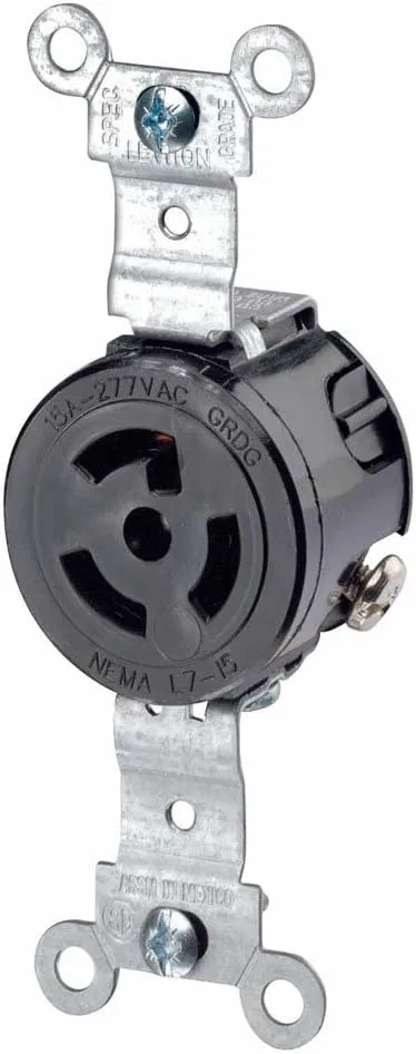 Leviton 15 Amp, 277 Volt, NEMA L7-15R, 2P, 3W, Single Locking Receptacle, Industrial Grade, Grounding, 4760, Black