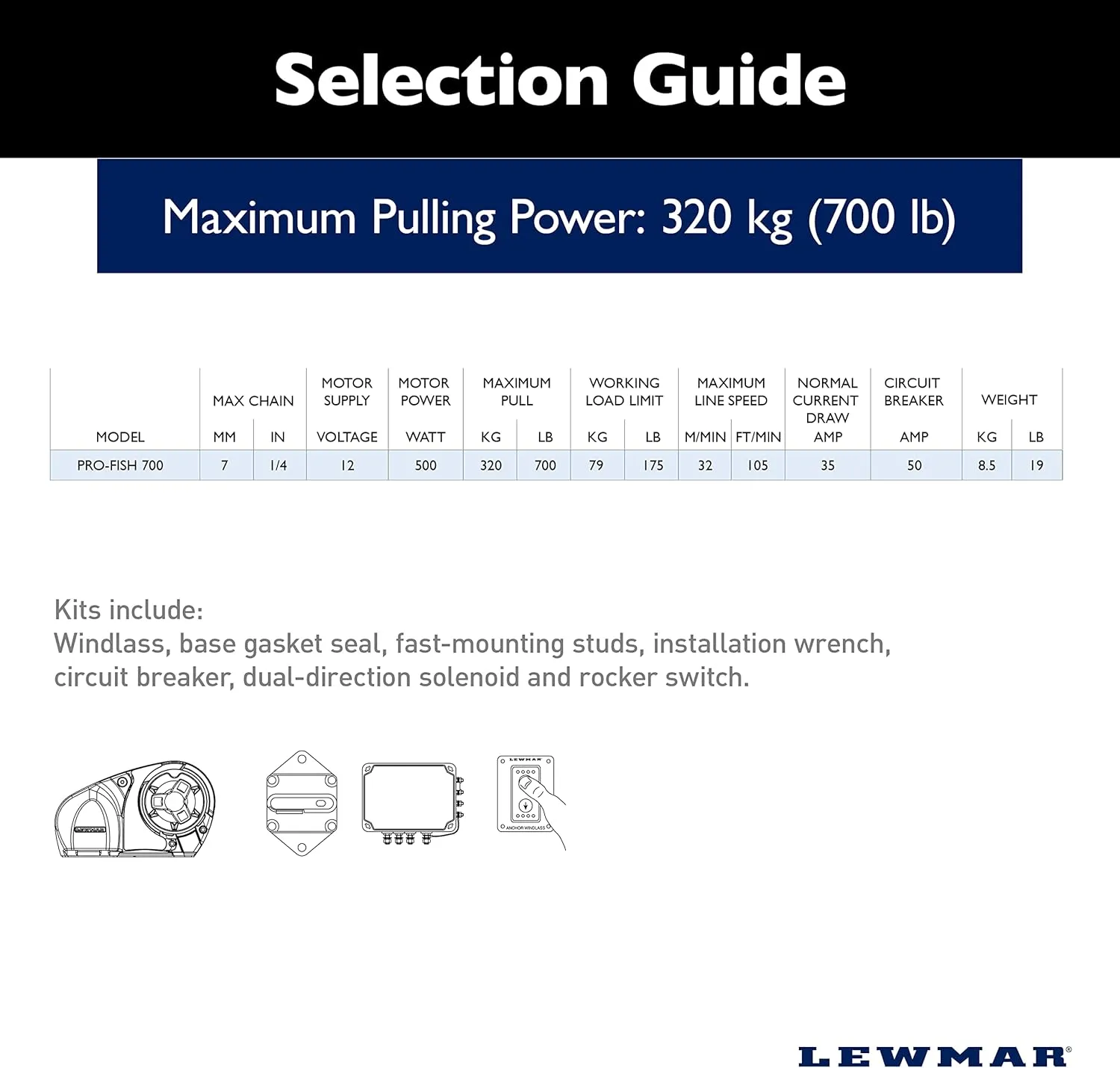 Lewmar 12V/700-Watt Pro-Series Gypsy with 316 Stainless Steel for Boats 20'-38' with 1/4" G4 Chain, Max Pull 700 lbs. - 2020201157