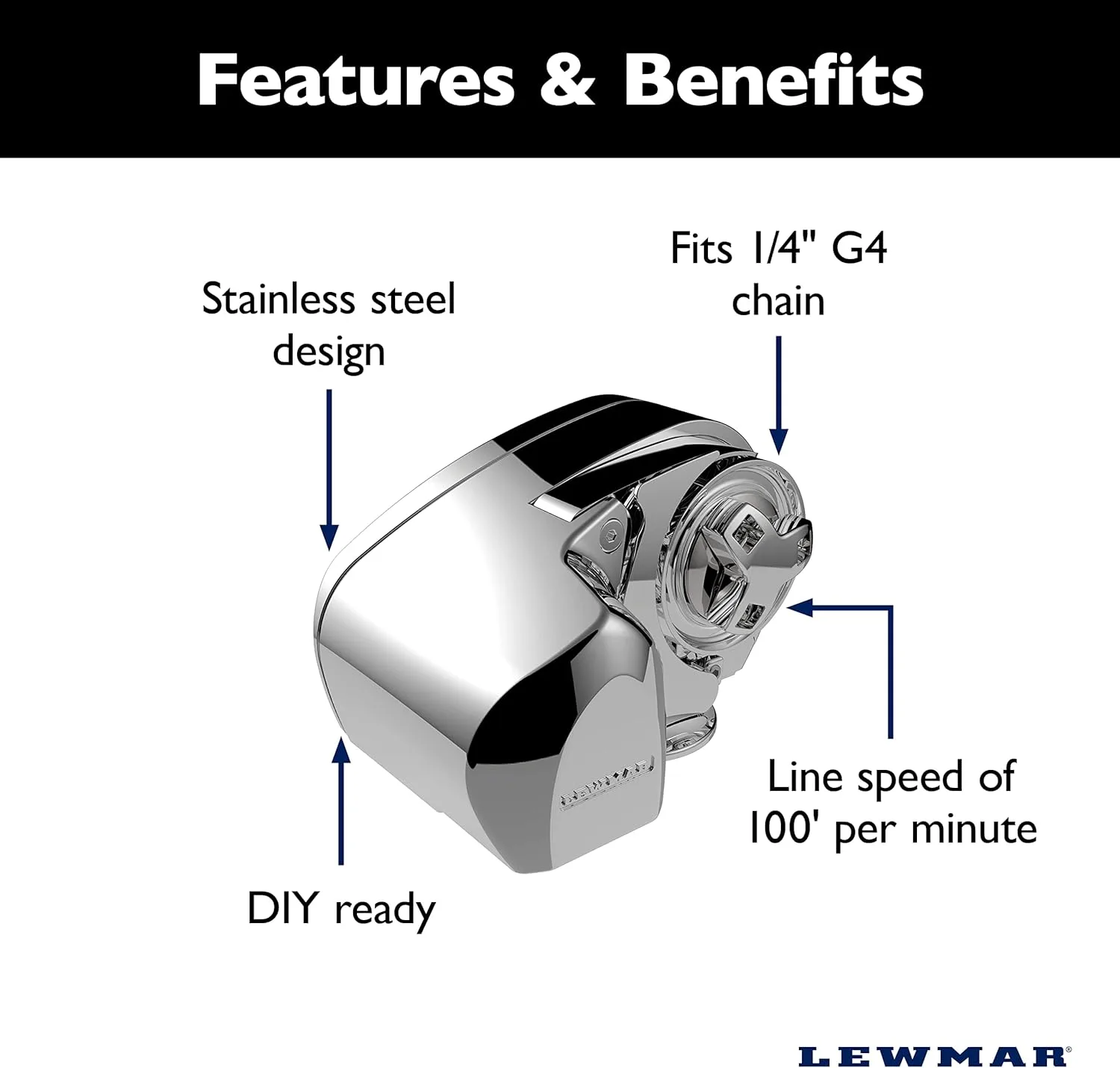 Lewmar 12V/700-Watt Pro-Series Gypsy with 316 Stainless Steel for Boats 20'-38' with 1/4" G4 Chain, Max Pull 700 lbs. - 2020201157