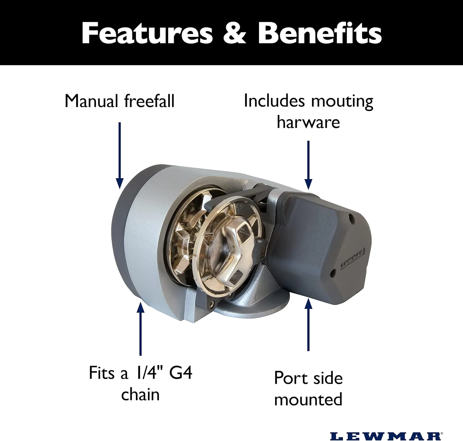 Lewmar Pro Sport 550 12V Windlass for 1/4" G4 Chain, Manual Freefall, Maximum Pull 550 lbs., Port Side Mounted Gypsy, for Boats 20'-30' - 2020201167