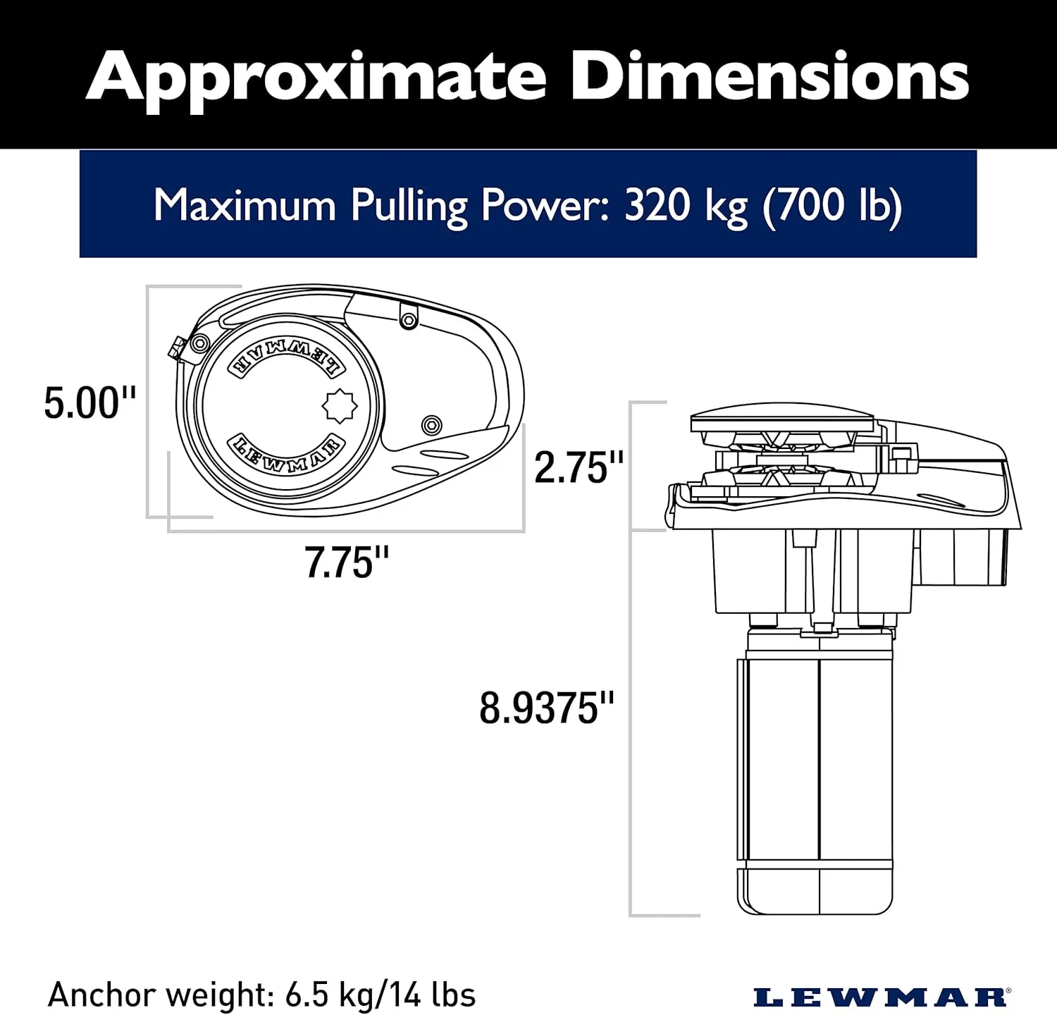 Lewmar V700 12V Vertical Windlass for 1/4" G4 Chain, Fall Safe Gypsy, Maximum Pull 700 lbs