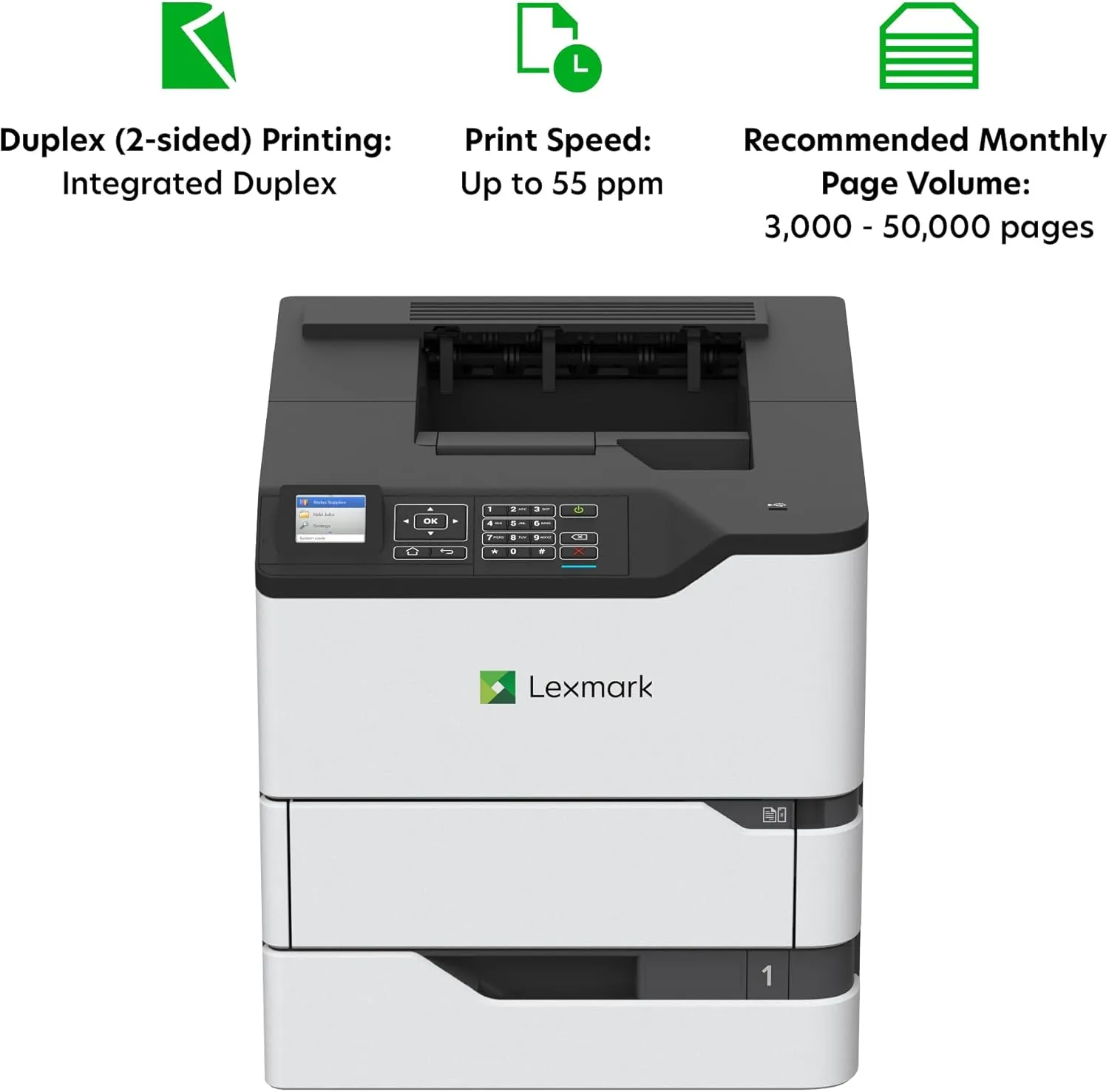 Lexmark MS821dn Monochrome Laser Printer - 55 ppm, Duplex, 2.4-inch LCD