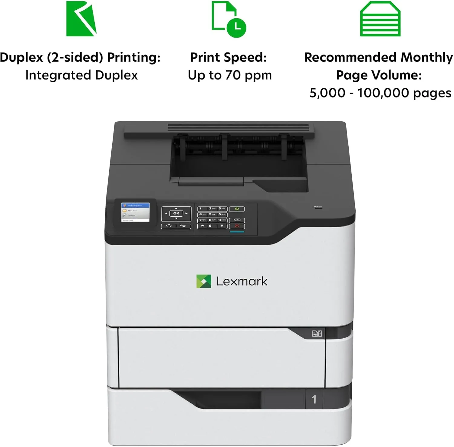 Lexmark MS825dn Monochrome Laser Duplex (2-Sided) Printing with Integrated Duplex, Print Speed of up to 70 ppm and Recommended Monthly Page Volumes of 5000-100000 Pages(50G0300)