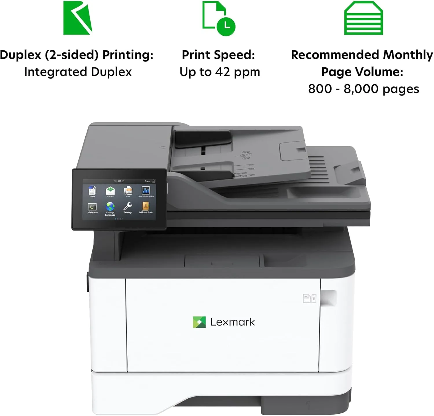 Lexmark MX432adwe Monochrome Laser Printer, Integrated Duplex, Up to 42 ppm