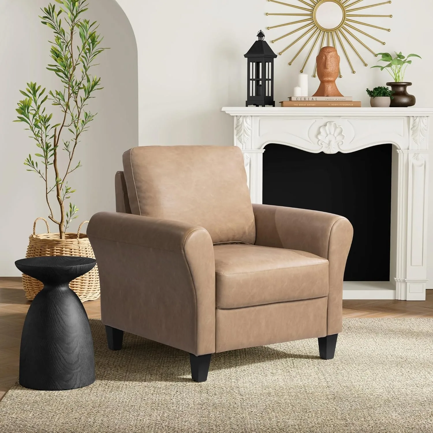 Lifestyle Solutions Winslow Faux Leather Chair With Rolled Arms, Light Brown/Black