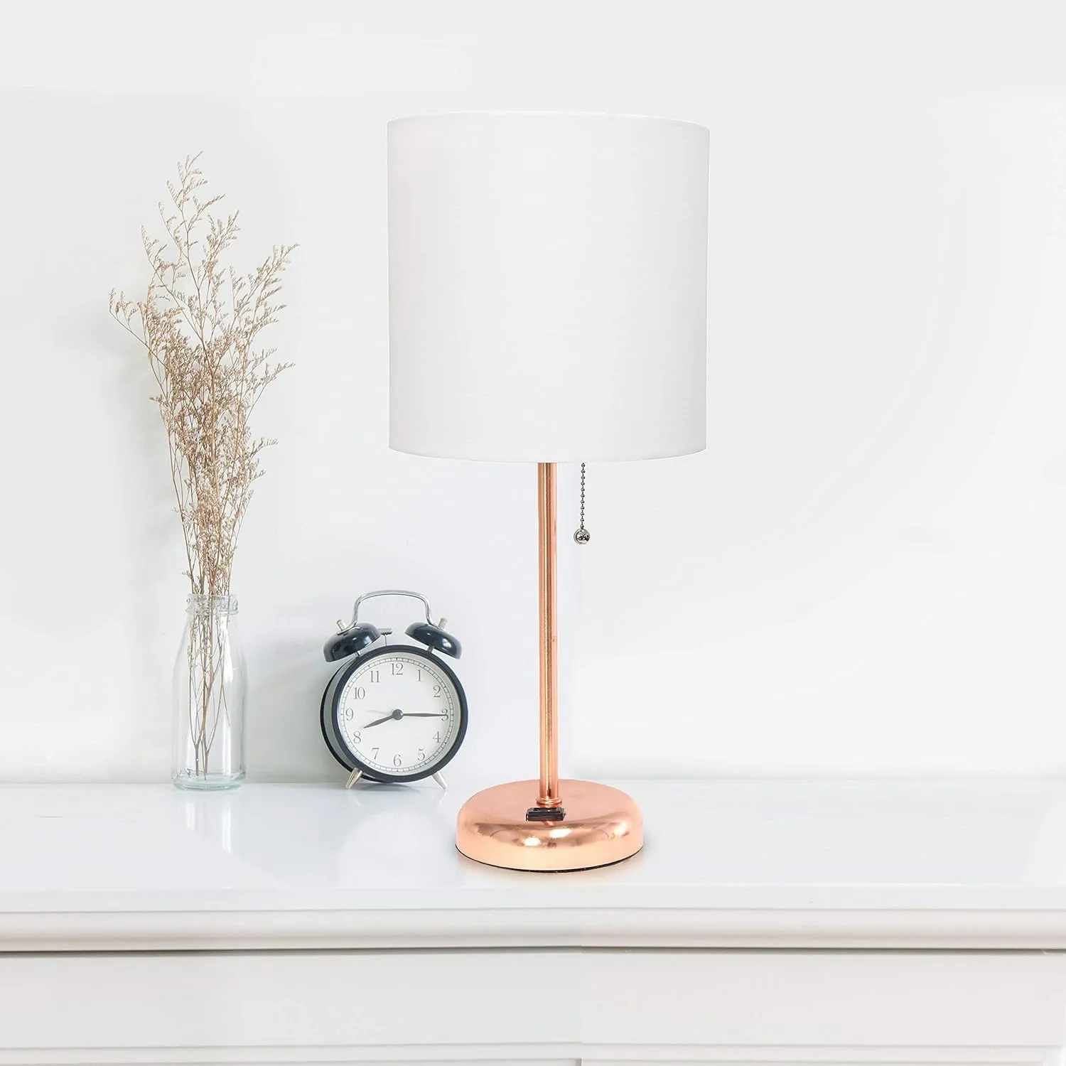 LIMELIGHTS Simple Designs LT2024 Stick Table Lamp with Charging Outlet and Drum Fabric Shade