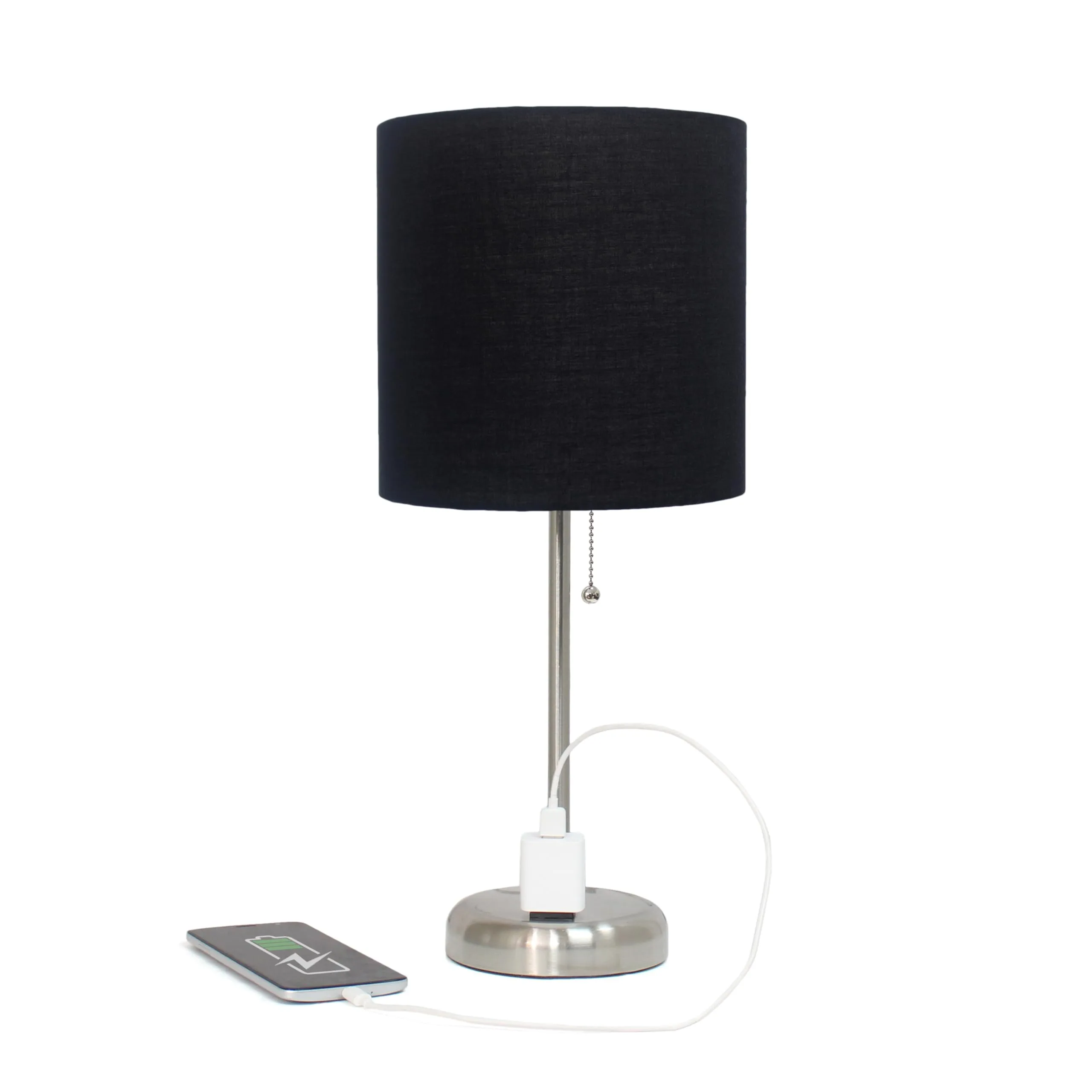 LIMELIGHTS Simple Designs LT2024 Stick Table Lamp with Charging Outlet and Drum Fabric Shade