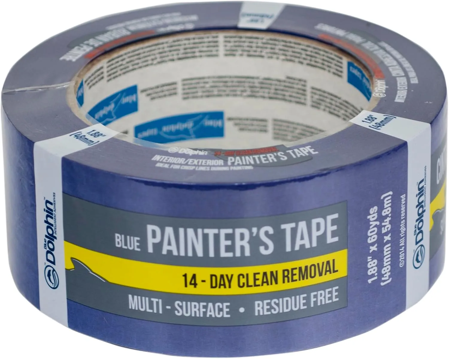 Blue Dolphin Blue Painter's Tape, 1.88 in. x 60 yds., Easy-Tear Painter’s Tape, Medium Tack, Solvent-Free, Ideal for Drywall