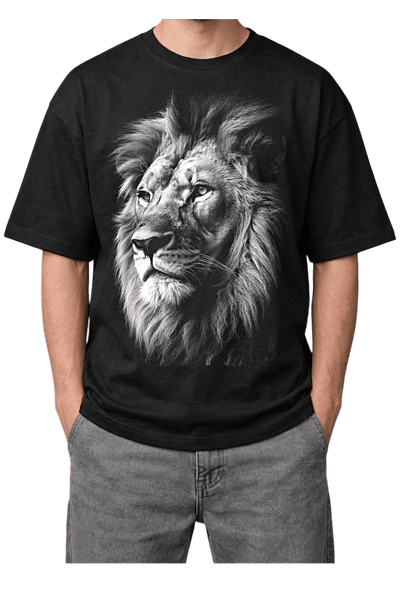 White Lion Print Oversized Mens Black T-Shirt