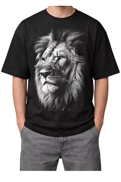 White Lion Print Oversized Mens Black T-Shirt