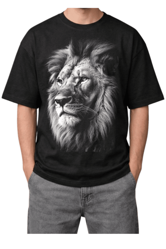 White Lion Print Oversized Mens Black T-Shirt