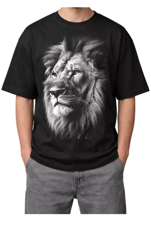 White Lion Print Oversized Mens Black T-Shirt