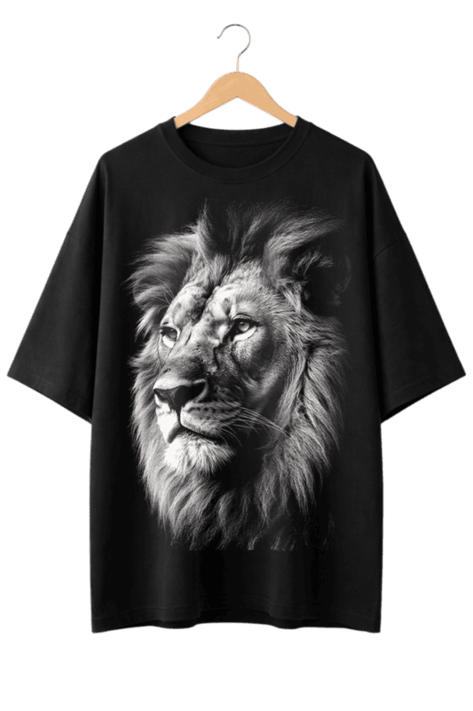 White Lion Print Oversized Mens Black T-Shirt