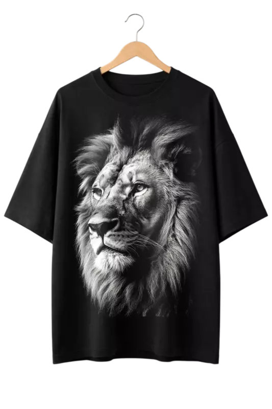 White Lion Print Oversized Mens Black T-Shirt
