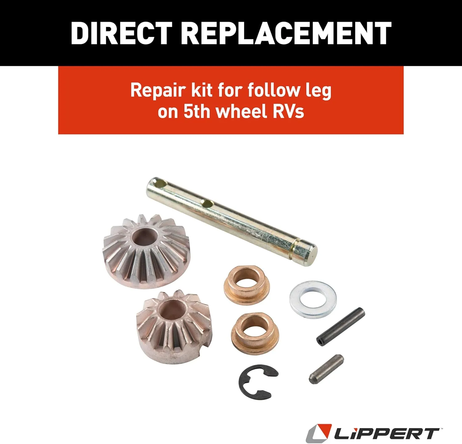 Lippert Power Landing Gear Repair Kit for 5th Wheel RV Follow Leg, Easy DIY Installation, Replacement Hardware, Drive Shaft, Bushings, E-clips, Pins, Gears, Washer - 146060