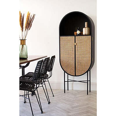 Modern Black Oval Bar Cabinet with Rattan Cane Doors - Tall Accent Storage