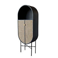 Modern Black Oval Bar Cabinet with Rattan Cane Doors - Tall Accent Storage Modern Black Oval Bar Cabinet with Rattan Cane Doors - Tall Accent Storage