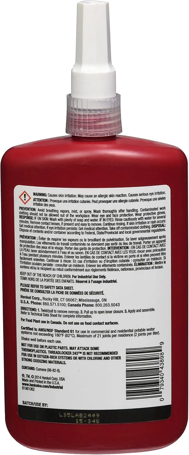Loctite 243 Threadlocker 250 mL - Medium Strength (Blue)