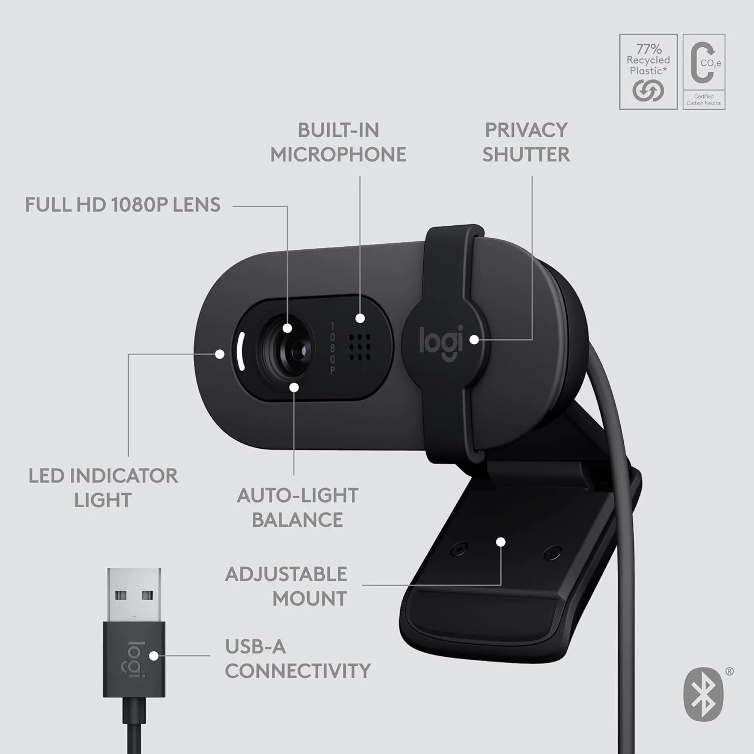 Logitech Brio 105 Full HD 1080p Business Webcam with Auto-Light Balance, USB-A, Privacy Shutter, Easy Set-Up