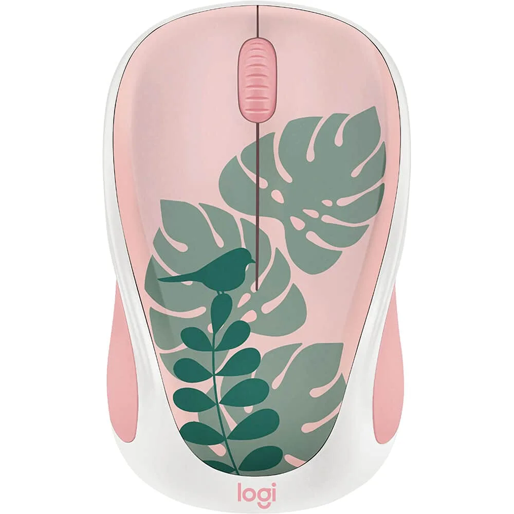 Logitech - Design Collection Limited Edition Wireless Compact Mouse with Colorful Designs - Chirpy Bird Rose/Forest Green/White