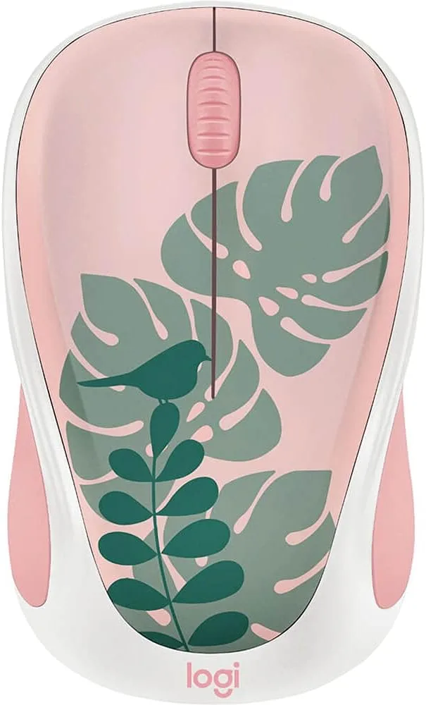 Logitech - Design Collection Limited Edition Wireless Compact Mouse with Colorful Designs - Chirpy Bird Rose/Forest Green/White