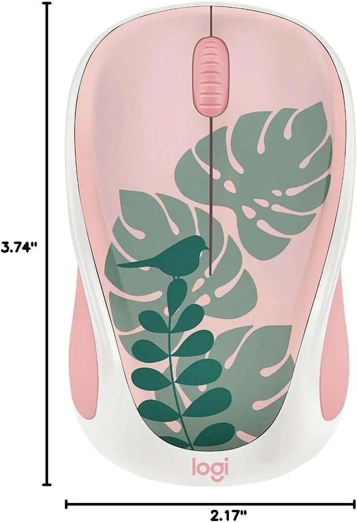 Logitech - Design Collection Limited Edition Wireless Compact Mouse with Colorful Designs - Chirpy Bird Rose/Forest Green/White