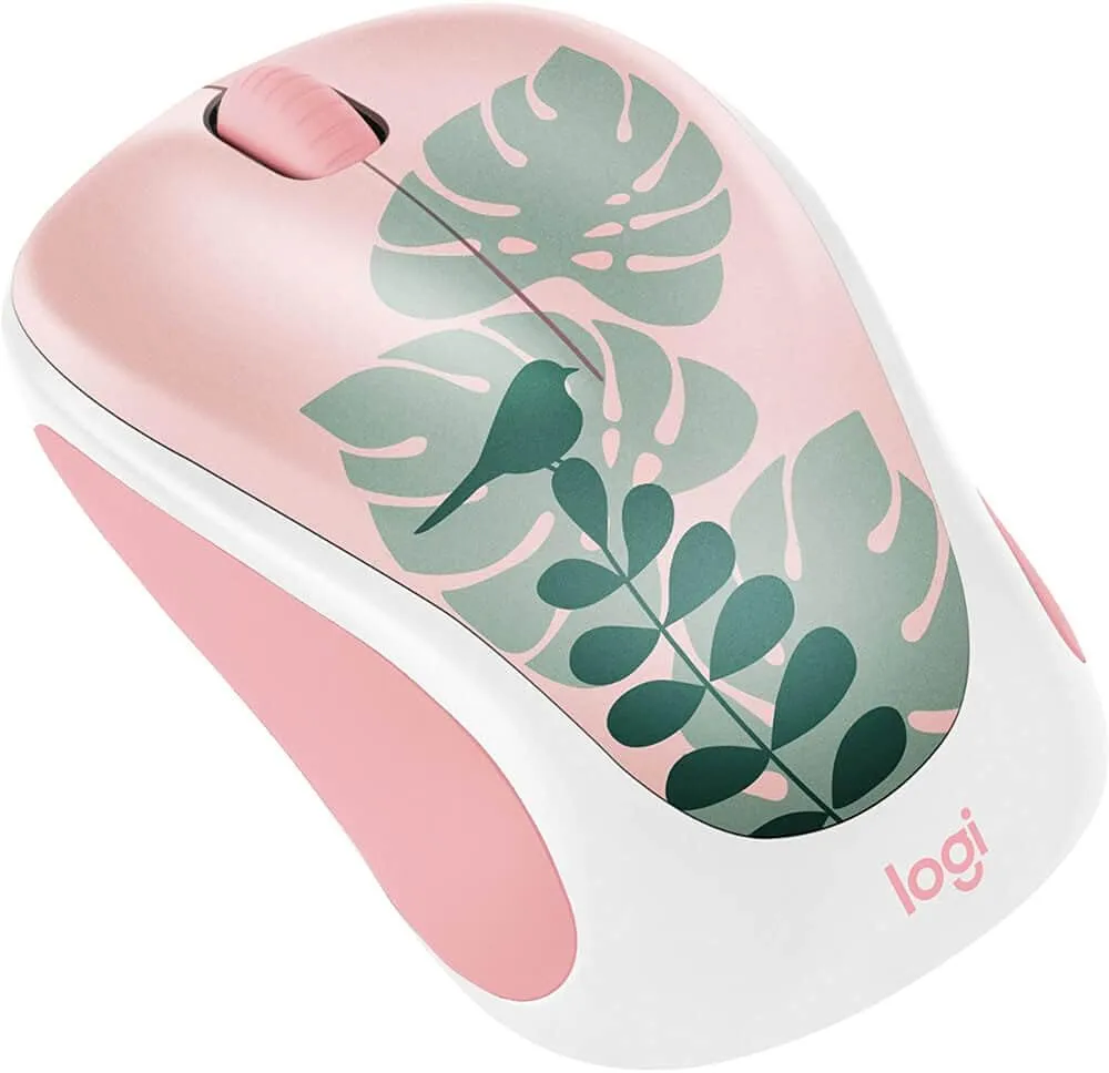 Logitech - Design Collection Limited Edition Wireless Compact Mouse with Colorful Designs - Chirpy Bird Rose/Forest Green/White