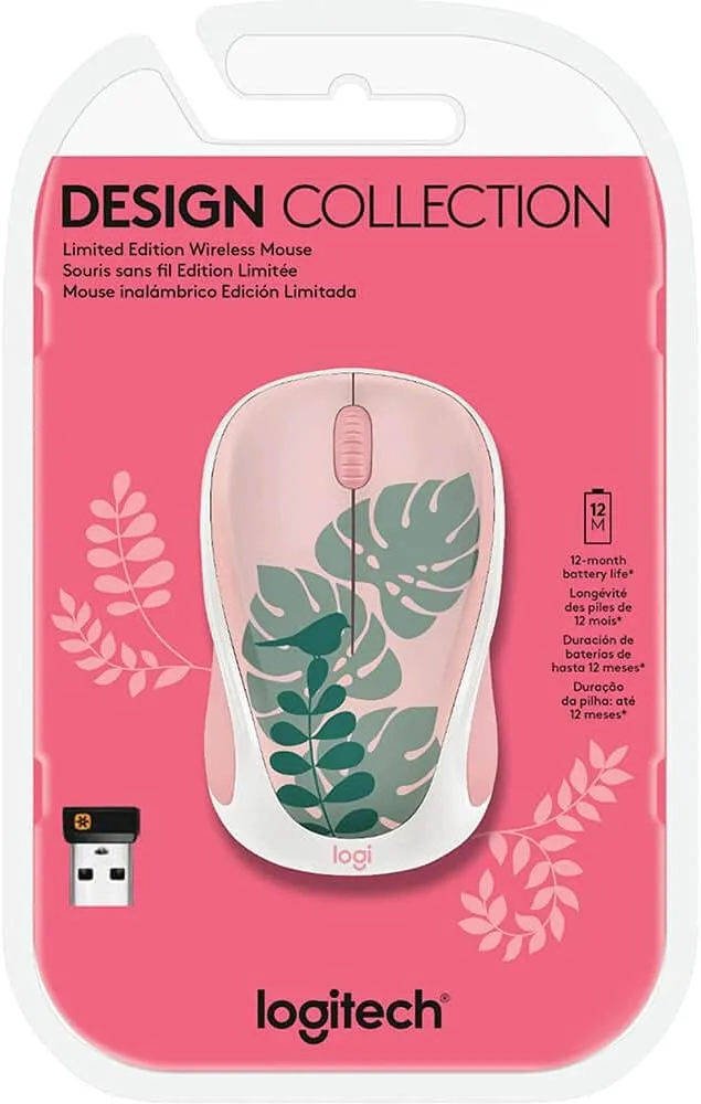 Logitech - Design Collection Limited Edition Wireless Compact Mouse with Colorful Designs - Chirpy Bird Rose/Forest Green/White