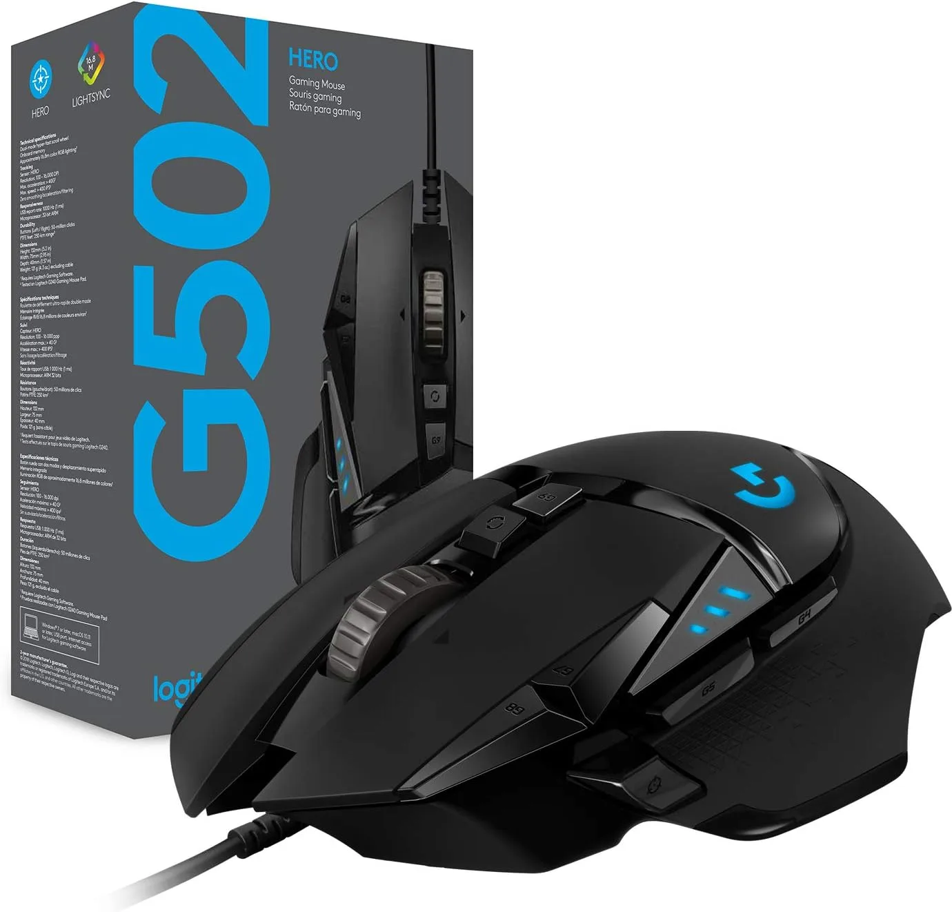 Logitech G502 HERO High Performance Wired Gaming Mouse, HERO 25K Sensor, 25,600 DPI, RGB, Adjustable Weights, 11 Programmable Buttons, On-Board Memory, PC / Mac Black Wired Mouse