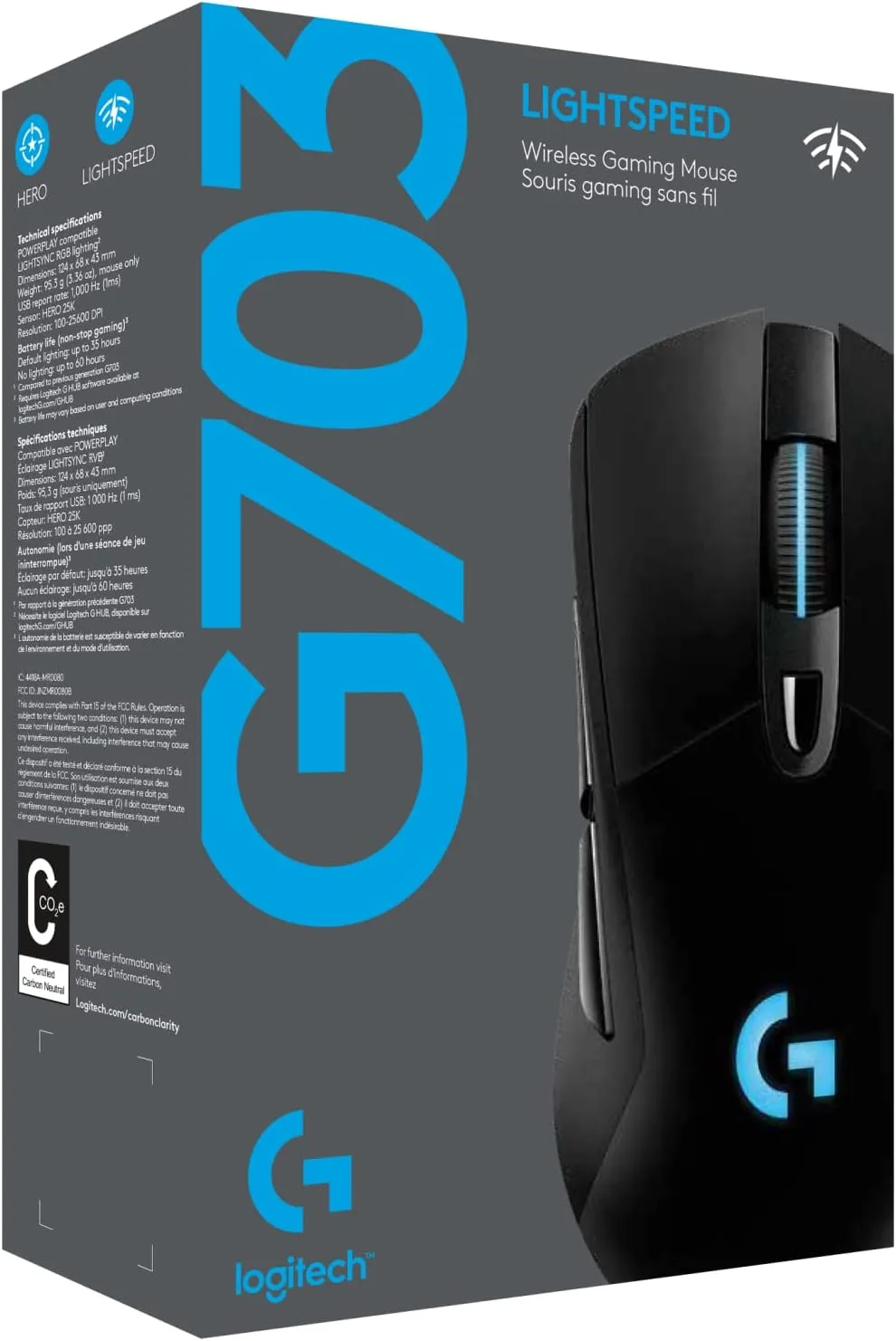 Logitech G703 Lightspeed Wireless Gaming Mouse W/Hero 25K Sensor, PowerPlay Compatible, Lightsync RGB, Lightweight 95G+10G Optional, 100-25,600 DPI, Rubber Side Grips - Black