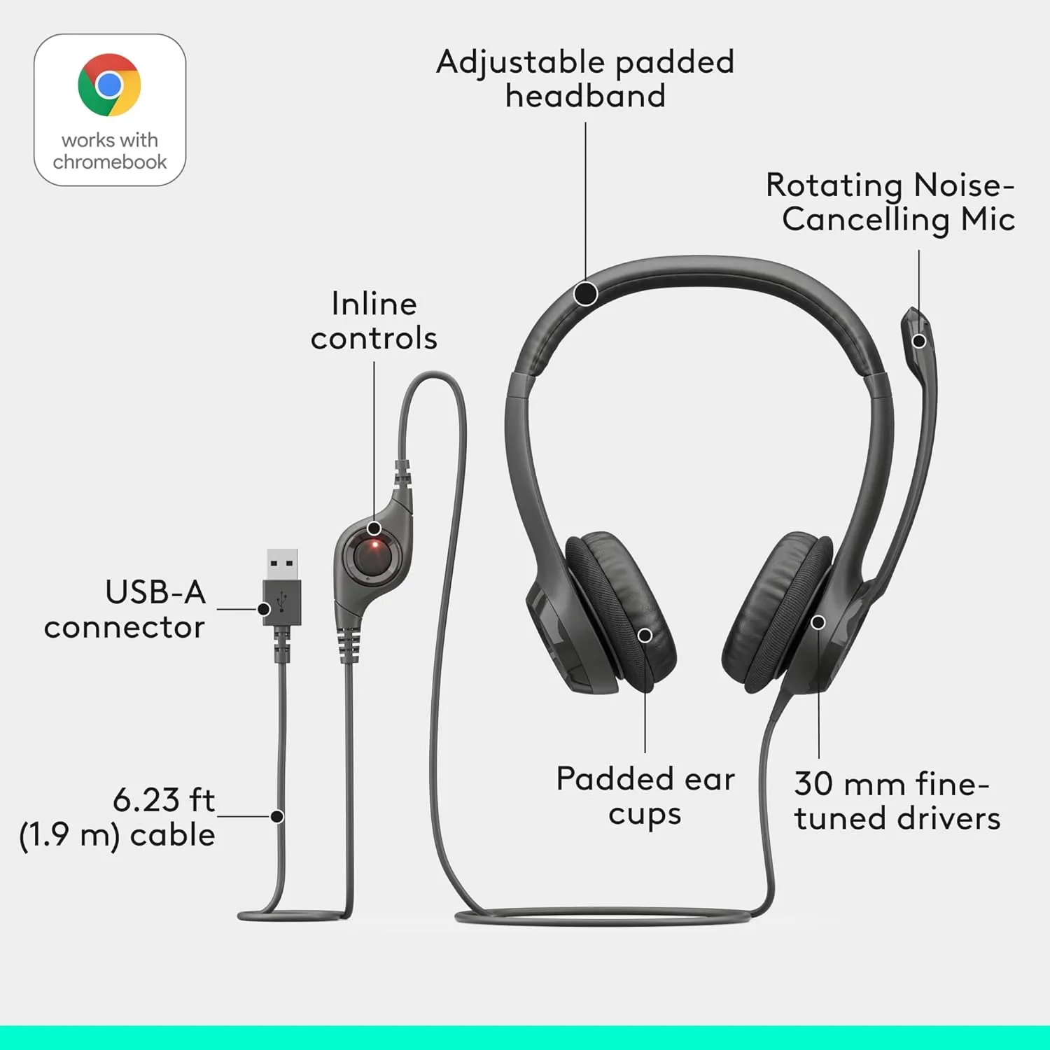 Logitech H390 Gaming Headphones, Wired Headphones with Mic, USB Headset with Microphone for PC