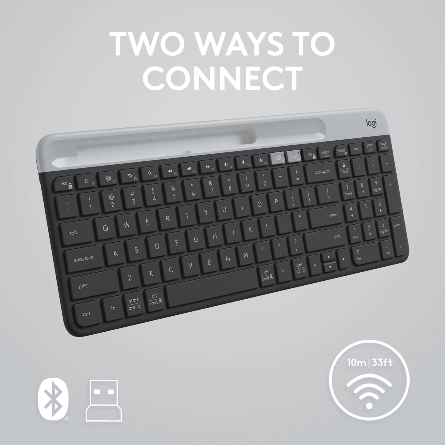 Logitech K585 Multi-Device Slim Wireless Keyboard, Built-in Cradle for Device; for Laptop, Tablet, Desktop, Smartphone