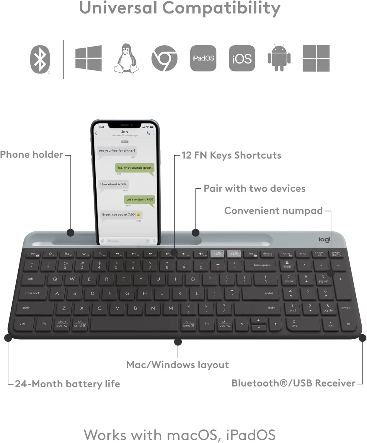 Logitech K585 Multi-Device Slim Wireless Keyboard, Built-in Cradle for Device; for Laptop, Tablet, Desktop, Smartphone