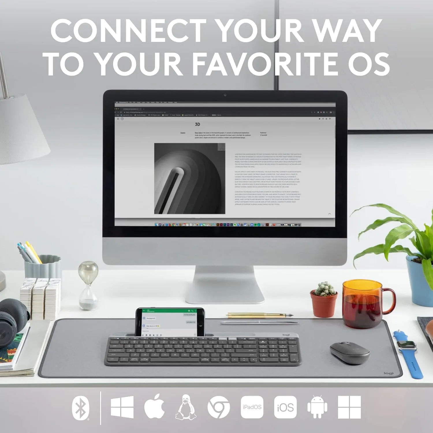 Logitech K585 Multi-Device Slim Wireless Keyboard, Built-in Cradle for Device; for Laptop, Tablet, Desktop, Smartphone