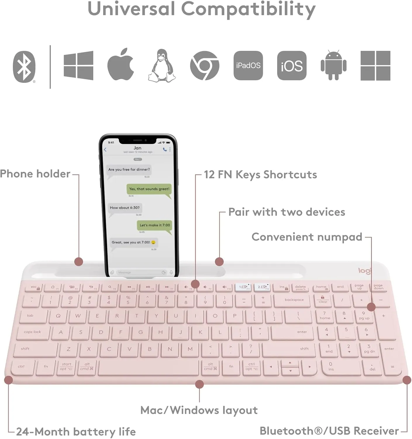 Logitech K585 Multi-Device Slim Wireless Keyboard, Built-in Cradle - Rose