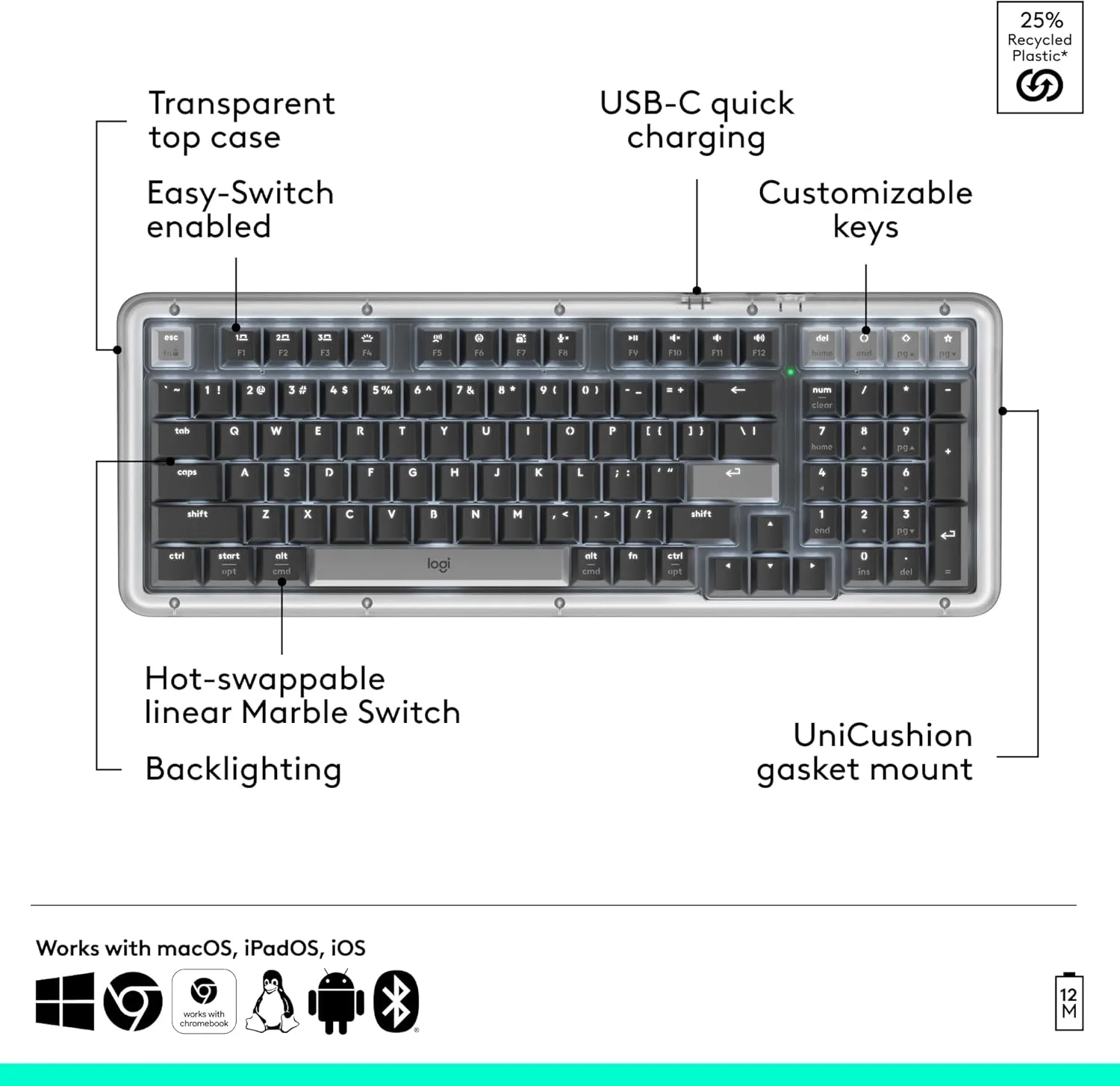 Logitech Alto Keys K98M Wireless Bluetooth Mechanical Keyboard with POP Mouse - Graphite