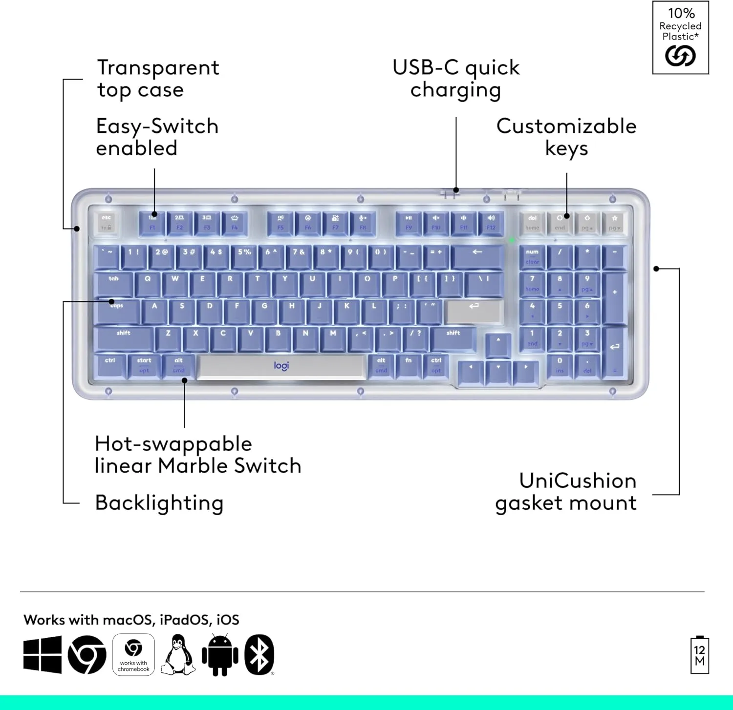 Logitech Alto Keys K98M Wireless Mechanical Keyboard with POP Mouse - Lilac