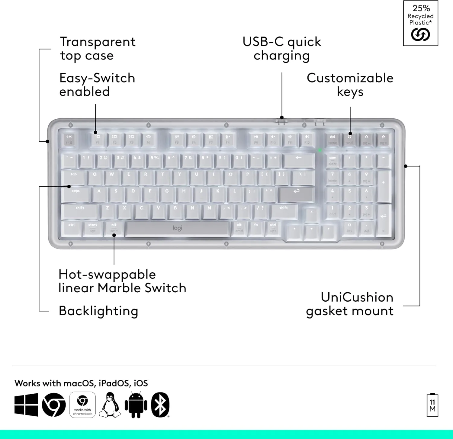 Logitech Alto Keys K98M Wireless Mechanical Keyboard, Customizable - Off-White