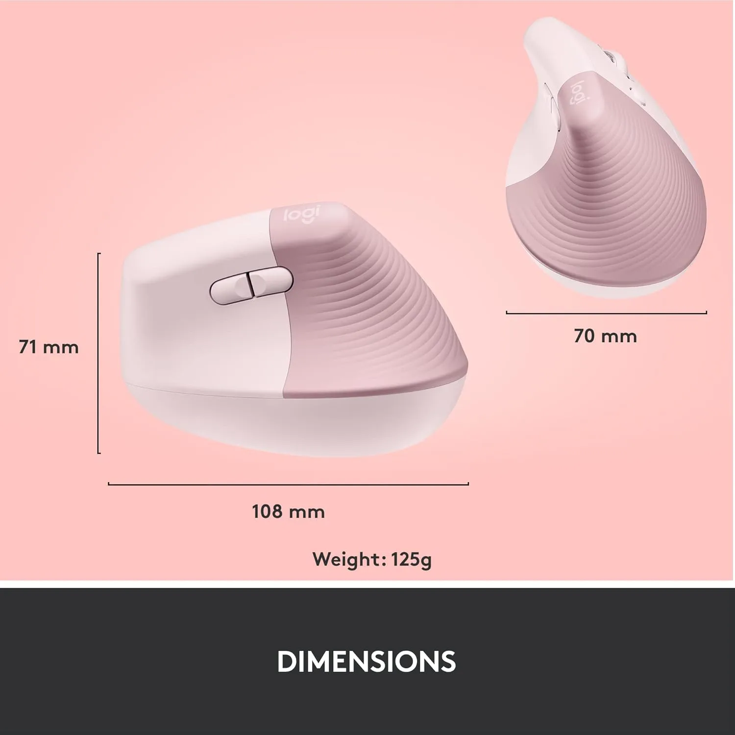 Logitech Lift Vertical Ergonomic Mouse, Wireless, Bluetooth or Logi Bolt USB receiver, Quiet clicks, 4 buttons