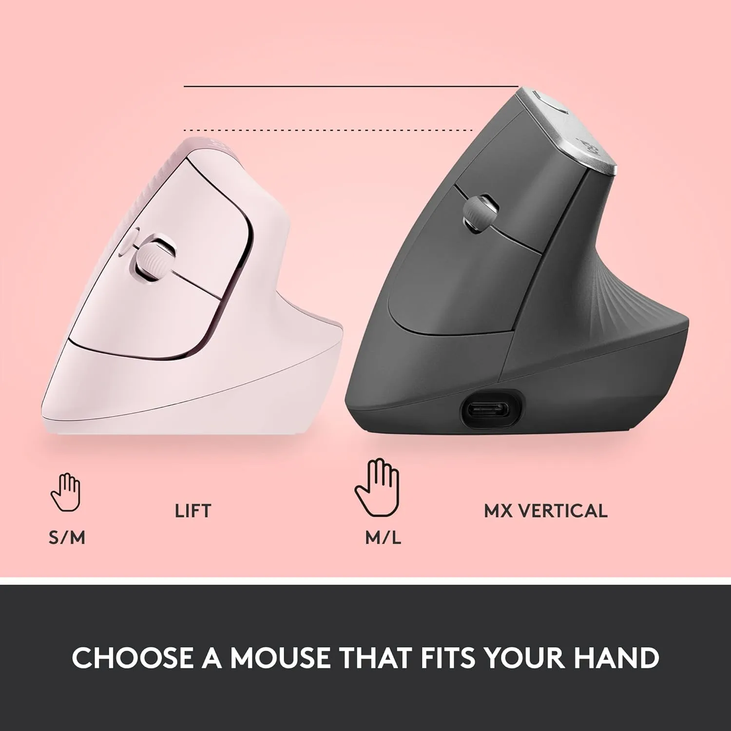 Logitech Lift Vertical Ergonomic Mouse, Wireless, Bluetooth or Logi Bolt USB receiver, Quiet clicks, 4 buttons