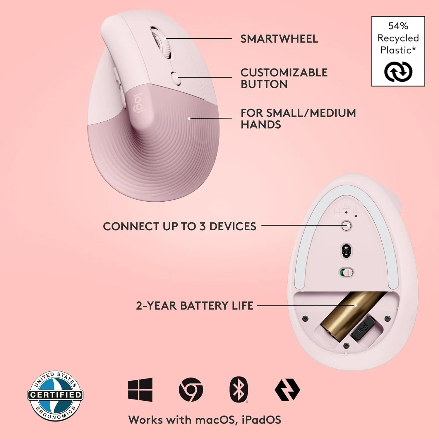 Logitech Lift Vertical Ergonomic Mouse, Wireless, Bluetooth or Logi Bolt USB receiver, Quiet clicks, 4 buttons