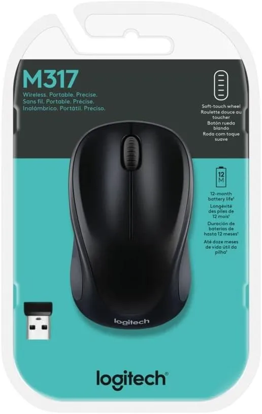 LOGITECH M317 Wireless Mouse, 2.4 GHz with USB Receiver, 1000 DPI, 12 Month Battery