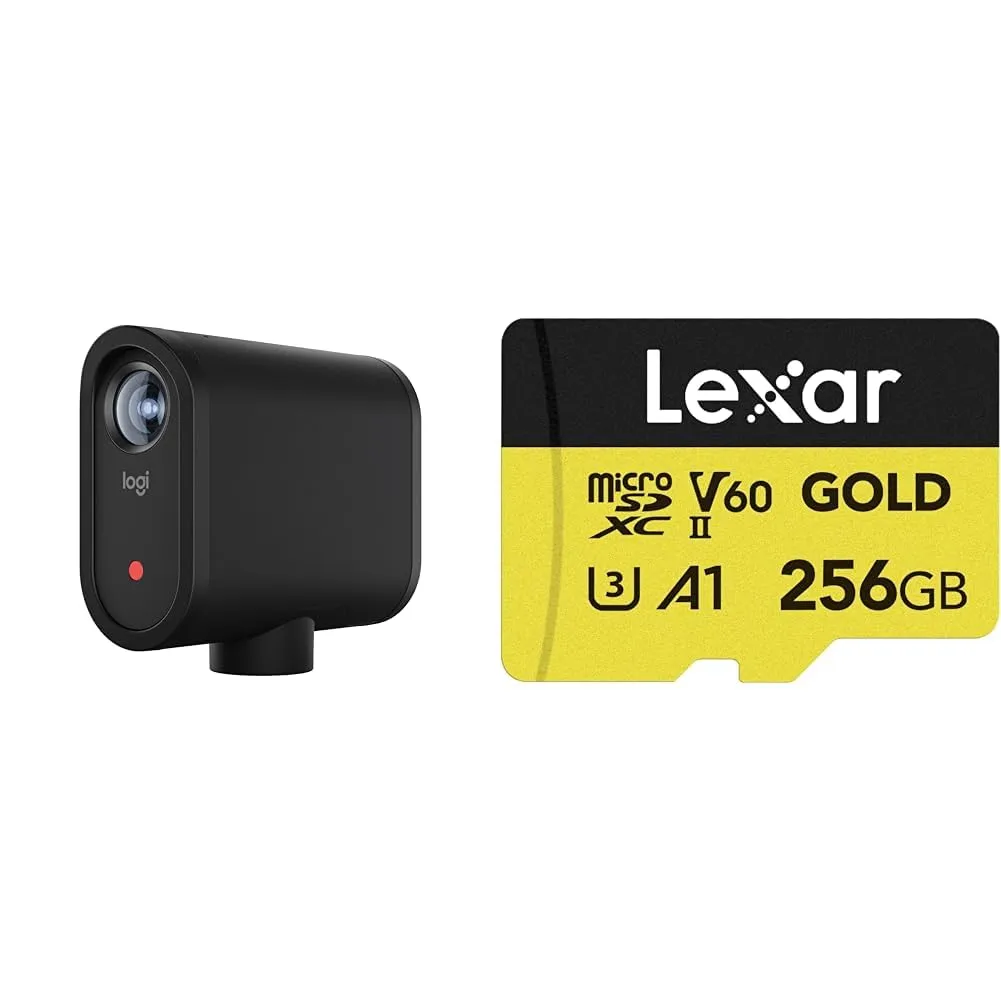 Logitech for Creators Mevo Start, Wireless Live Streaming Camera, Black and Lexar 256GB Professional Gold Micro SD Card 1 Pack & 256 GB Micro SD Card