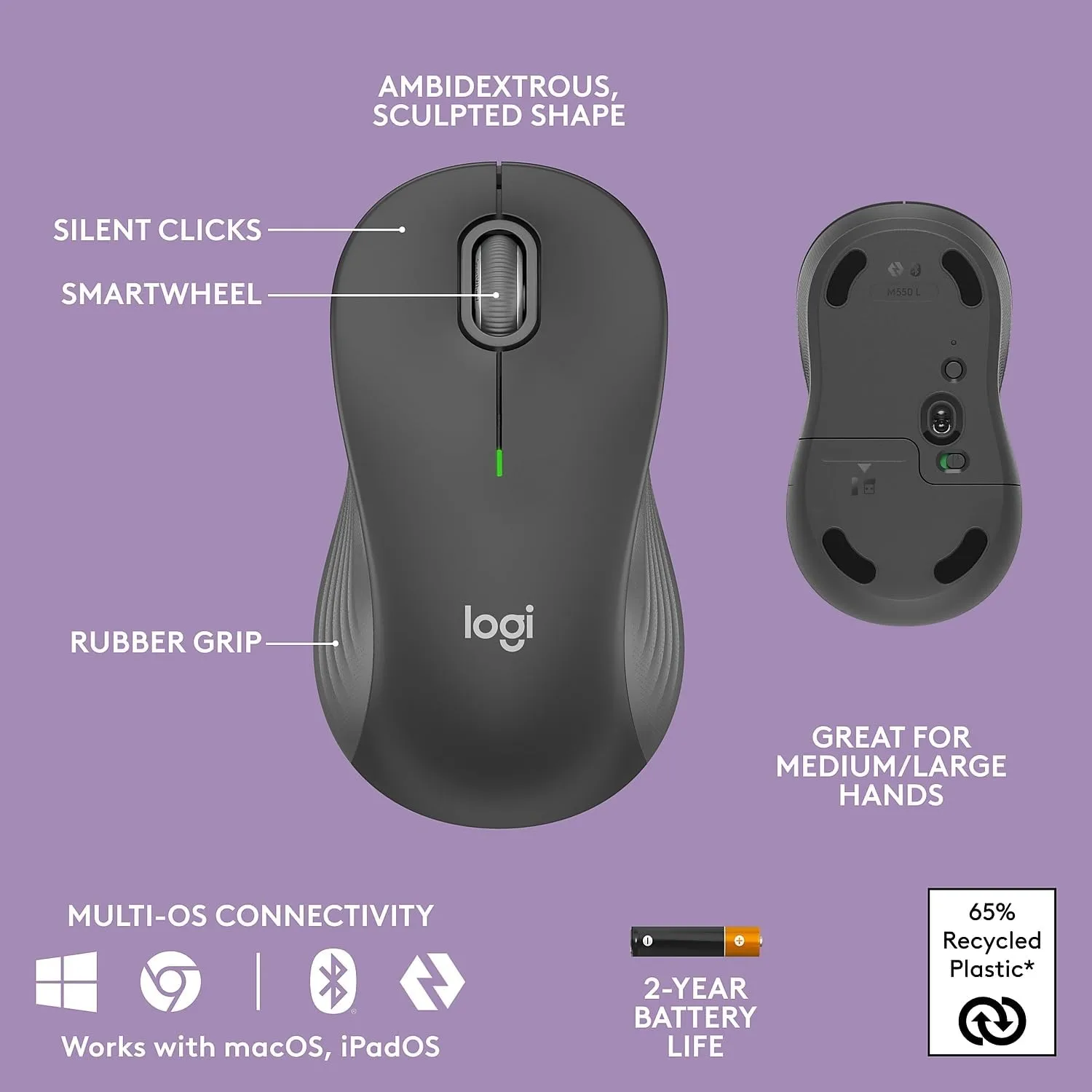 Logitech Wave Keys MK670 Wireless Ergonomic Keyboard And Signature M550 L Wireless Mouse Combo, Graphite, 920-012059